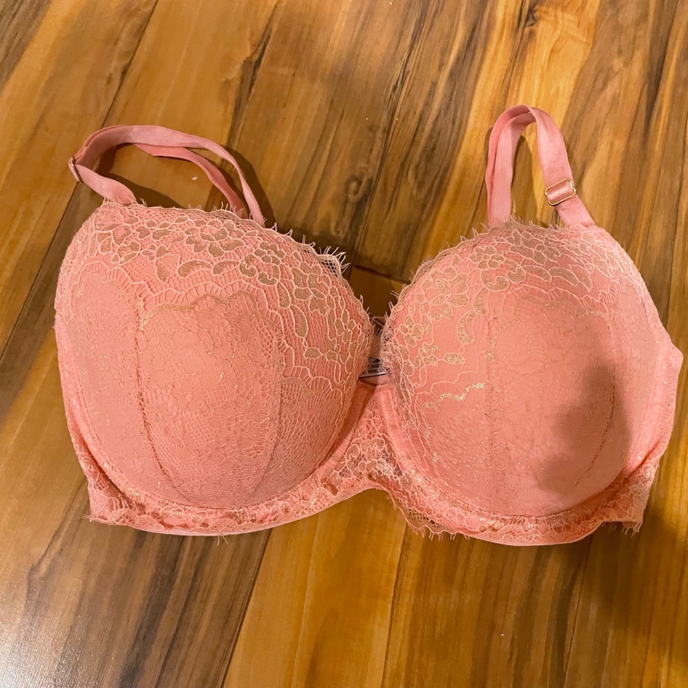 Victoria Secret Angels Lace Coral Peach with Gold Demi Bra 32DDD